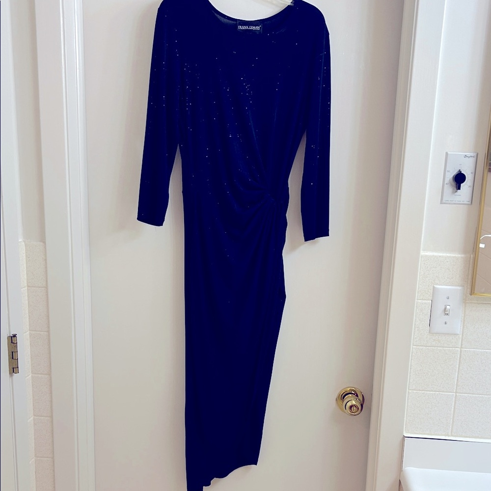 Frank Lyman Design Navy Long Dress w/ ruched waist & sparkle, size 10 (or M)
